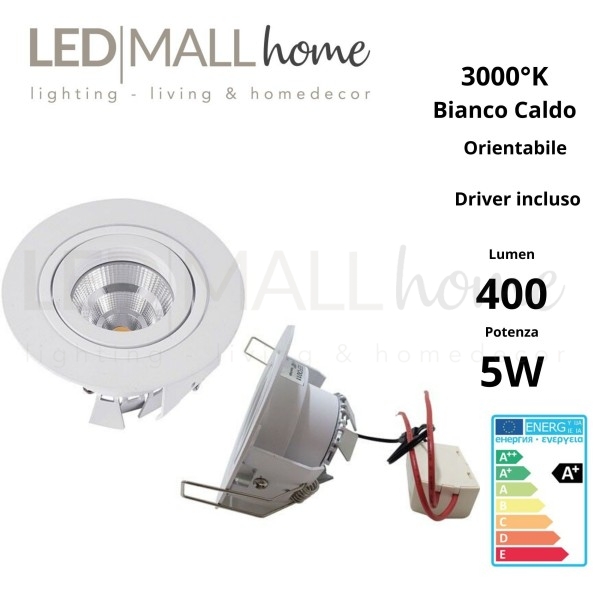 Lampada Faretto LED tondo orientabile bianco 5W  luce calda driver inclusi design ed alta luminosità