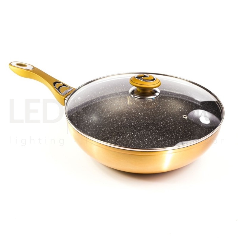 Pentola wok 32cm oro alluminio con rivestimento effetto pietra amc