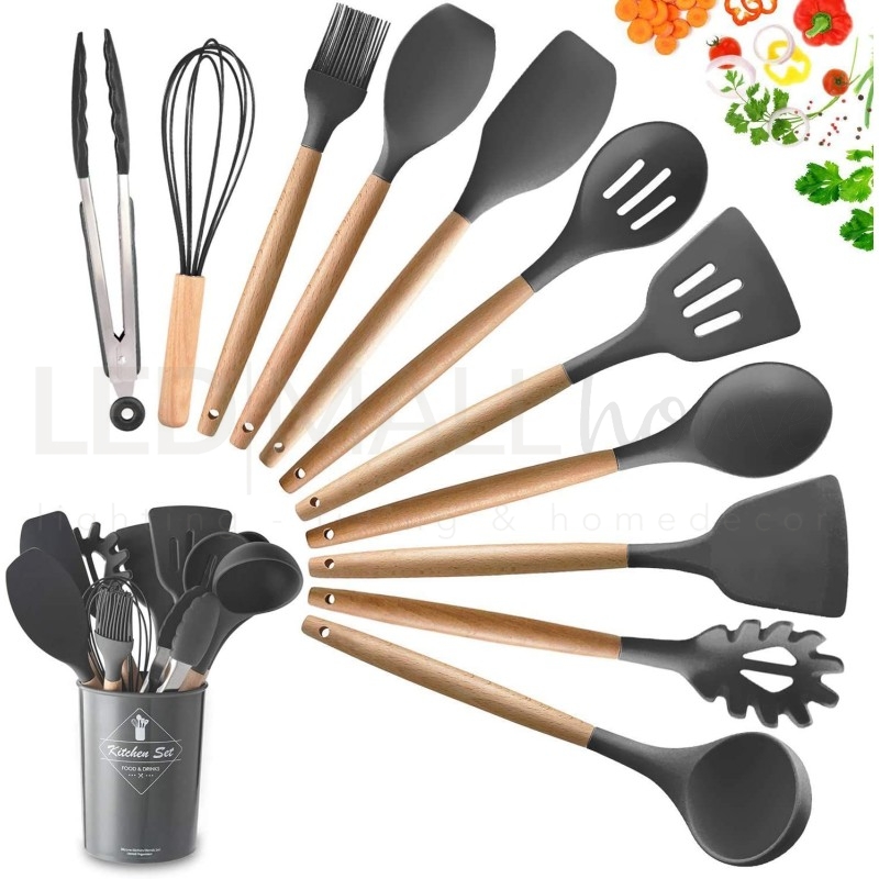 Set 12 pz utensili da cucina in silicone e legno naturale grigio