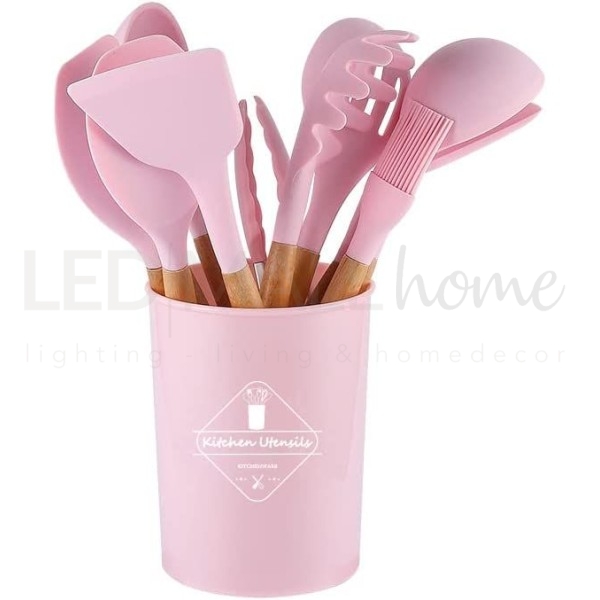 Set 12 pz utensili da cucina in silicone e legno naturale rosa