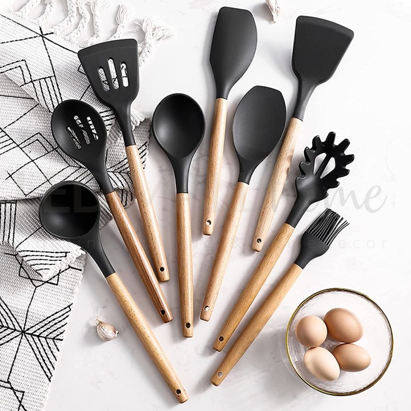 Set 12 pz utensili da cucina in silicone e legno naturale nero